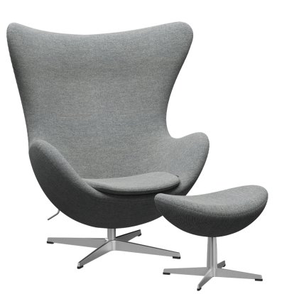 Egg Chair, Hallingdal 65, 116 - White grey, Satingebürstetes Aluminium, Mit Fußhocker
