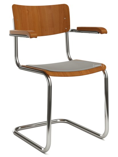 S 43 F Klassik Freischwinger, Gestell verchromt, Buche gebeizt, Kirschbaumfarbig, Sitzauflage hellgrau meliert, gepolstert, Ohne Gleiter