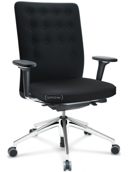ID Trim, Mit Lumbalstütze, FlowMotion-mit Vorwärtsneigung, mit Sitztiefenverstellung, Mit 3D-Armlehnen, 5-Stern Untergestell, Aluminium poliert, Sitz und Rücken Plano, Nero, Weich für harte Böden