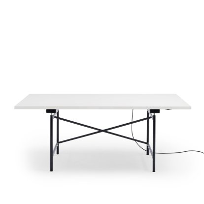 Eiermann 1 E Tisch (Elektrische Höhenverstellung), Melamin weiß mit weißer Kante, 180 x 90 cm, Schwarz, Mit Kabelkanal