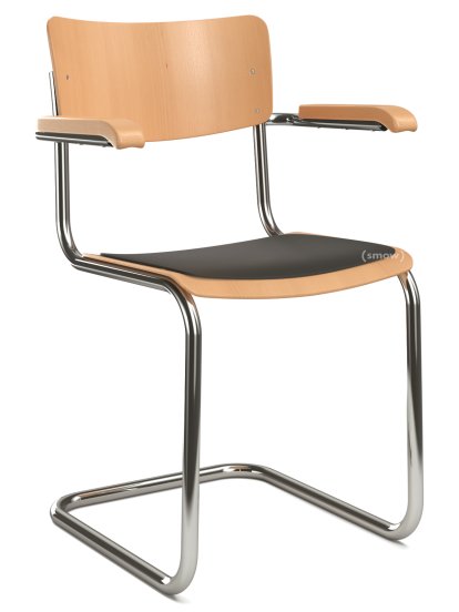S 43 F Klassik Freischwinger, Gestell verchromt, Buche gebeizt, Buche, klar lackiert, Sitzauflage schwarz, ungepolstert, Kunststoffgleiter schwarz mit Filz