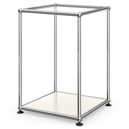 USM Haller Hoher Beistelltisch 35, Oben Glas, unten Metall, Reinweiß RAL 9010