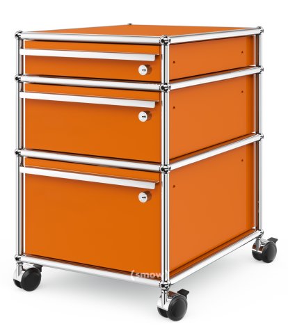 USM Haller Rollcontainer mit 3 Schubladen Typ 2 (mit Gegengewicht), Alle Fächer mit Schloss, Reinorange RAL 2004