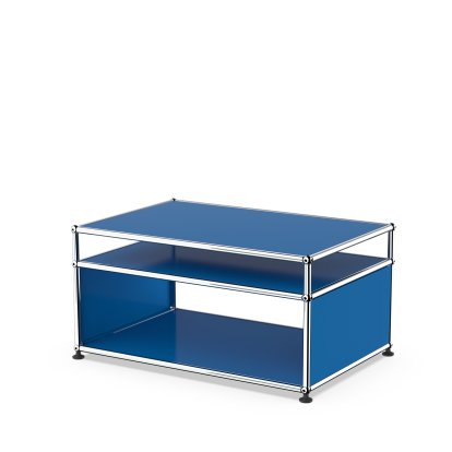 USM Haller Beistelltisch mit Aufsatz und Rollen, Enzianblau RAL 5010, Nivellierfüße
