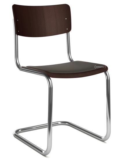 S 43 Klassik Freischwinger, Gestell verchromt, Buche gebeizt, Dunkelbraun (TP 89), Sitzauflage schwarz, gepolstert, Ohne Gleiter