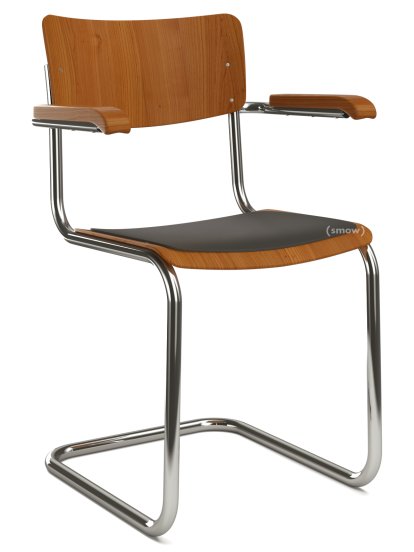 S 43 F Klassik Freischwinger, Gestell verchromt, Buche gebeizt, Kirschbaumfarbig, Sitzauflage schwarz, ungepolstert, Kunststoffgleiter schwarz mit Filz